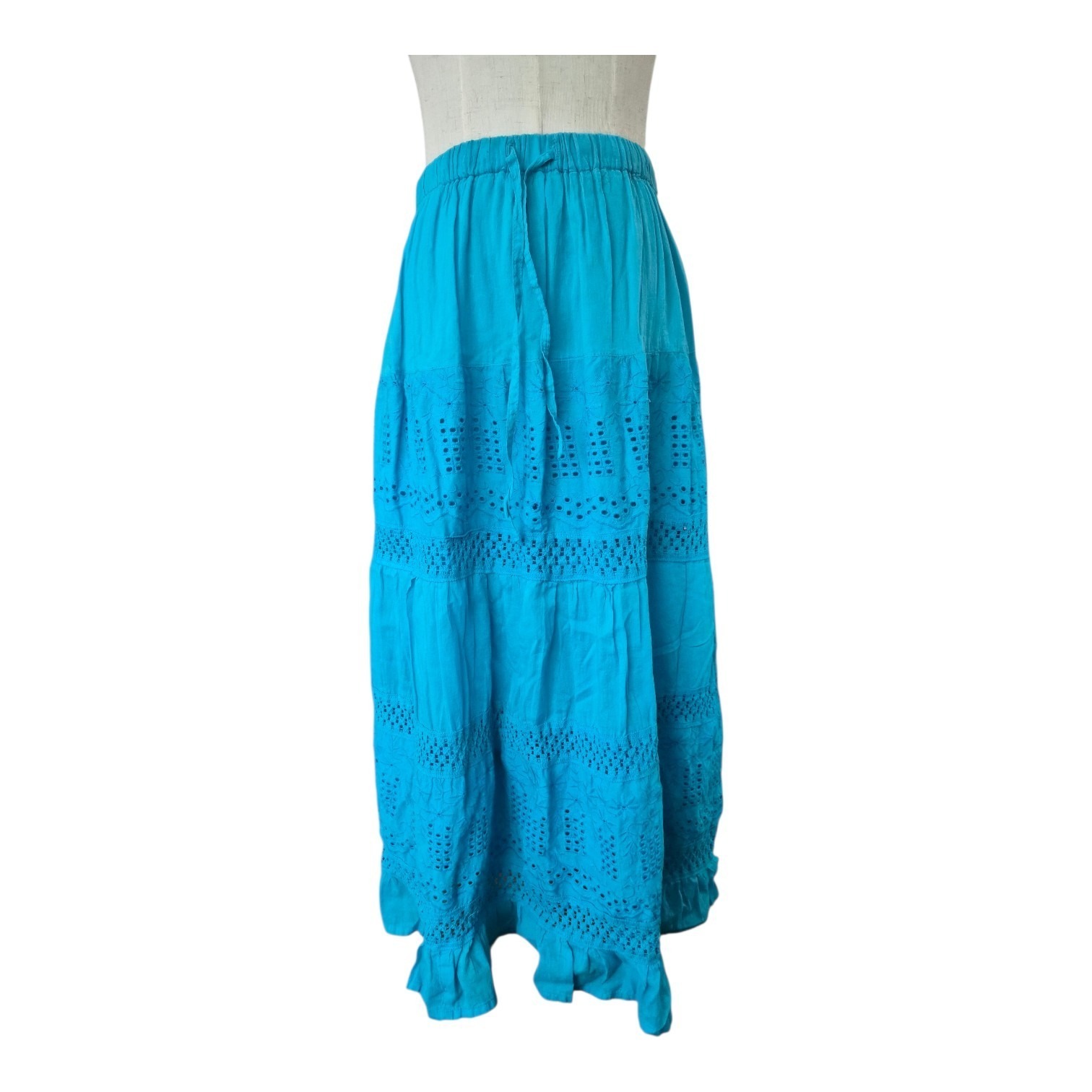 Glamour Usa Teal Cotton Eyelet Maxi Skirt Boho Tiered Elastic Waist Women's M